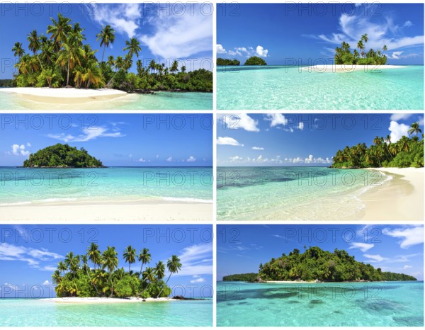 Collage of tropical islands with beach and palm trees, paradise with blue cloudy sky, turquoise