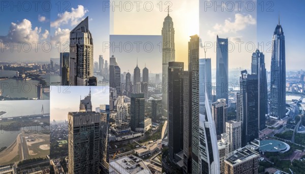 Collage of skyscrapers of a metropolitan city, various skylines with different blue sky in sunset,