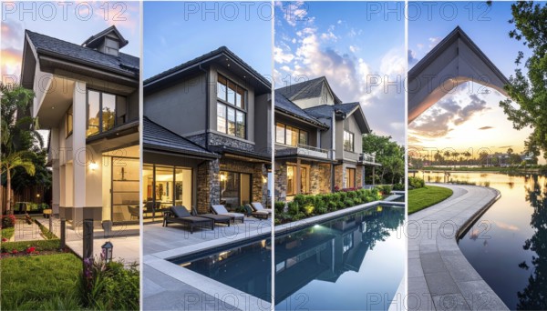 Collage of real estate residential building, modern architecture style, surrounded by green garden,