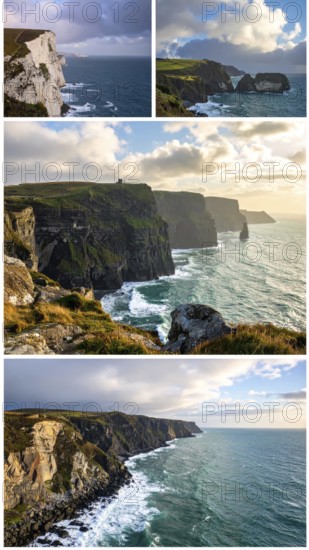 Collage of coastal landscapes with cliffs and shore break, spectacular nature, cloudy sky with