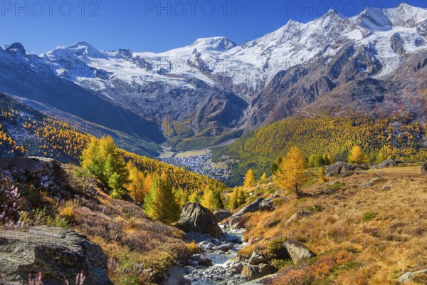View from Kreuzboden to Saas-Fee with Alalin 4027m, Alphubel 4206m and Mischabel Group 4545m in