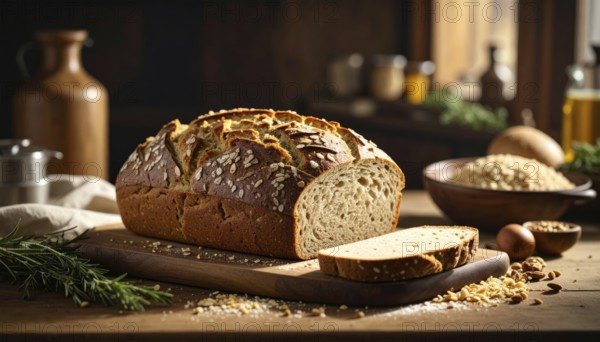 Rustic loaf of whole grain bread, fresh baked, close up of bread on dark wooden table, golden rust,