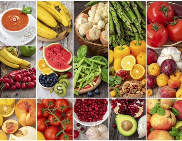 Food collage of various biological and organic fruits and vegetables, fresh healthy lifestyle, with