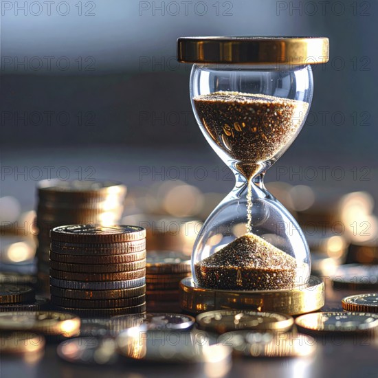 Hourglass and stacked golden coins, illustrating currency fluctuation and time impact commodities