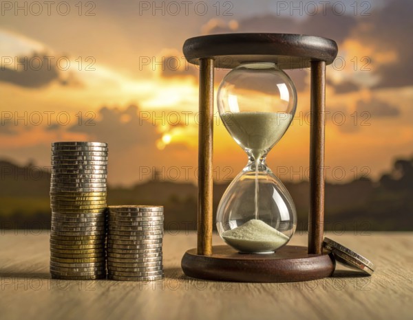 Hourglass and stacked golden coins, illustrating currency fluctuation and time impact commodities