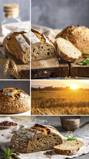 Collage of rustic loaf of whole grain bread, bread on dark rustic wooden table, great variety of