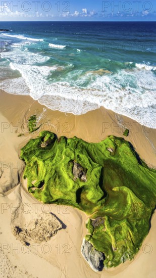 Green algae on the sandy shore of an ocean. Fascinating phenomenon of wild coastline with green