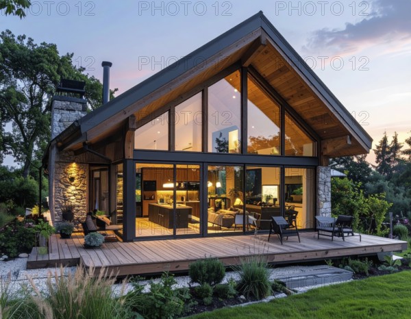 Modern Extension on a Traditional Cottage with Glass and Wood Architecture, green garden with