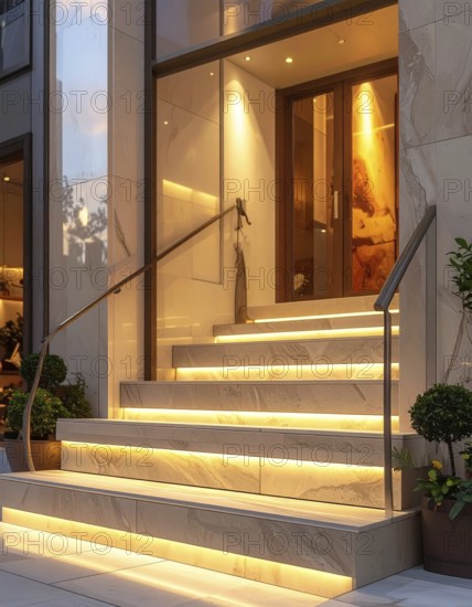 Modern building entrance with stairs, glass facade, and plants in warm evening light, empty