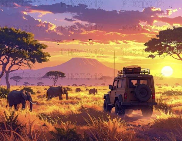 African savannah sunrise with a jeep safari and elephants, AI generated