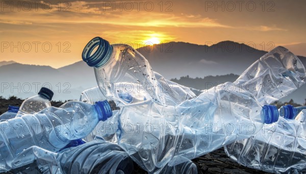 Crushed plastic water bottle waste in a wild landscape, symbol for nature protection, waste