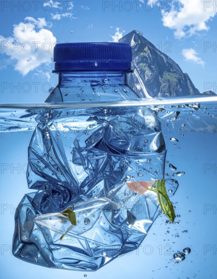 Crushed plastic water bottle waste in a wild landscape, symbol for nature protection, waste