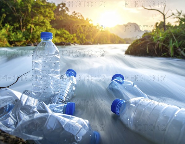 Crushed plastic water bottle waste in a wild landscape, symbol for nature protection, waste