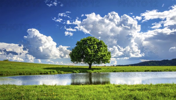 Single and lonely tree near to a lake, meadow and lot of wild grass around, hilly wilderness