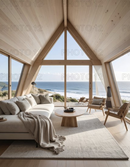 Peaceful A-frame cabin interior with ocean views, real estate lifestyle and travel destination,