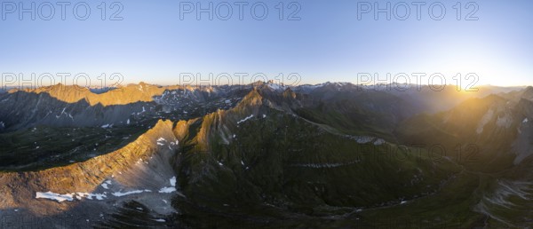 Sunrise 360° Alpine panorama, aerial view of Bachlenkenkopf, summit of the Großvenediger, Venediger