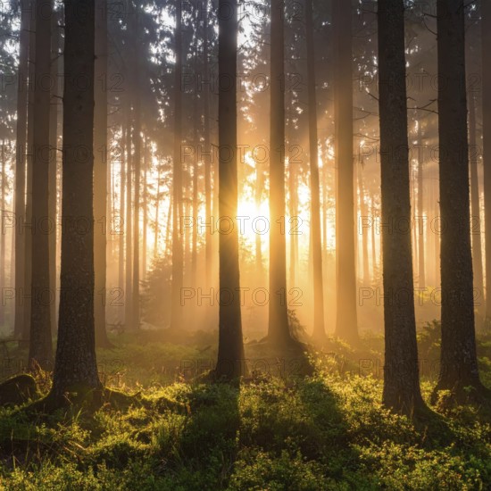 Sunlight streaming through a dense, misty forest, Fog covered forest in summer with mystic golden
