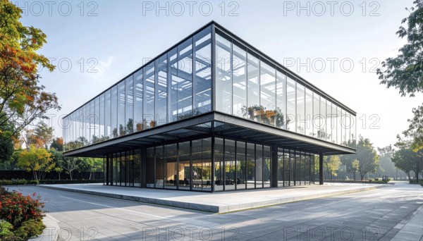Modern architectural framework with glass and steel structure, glass facade with a greed of steel