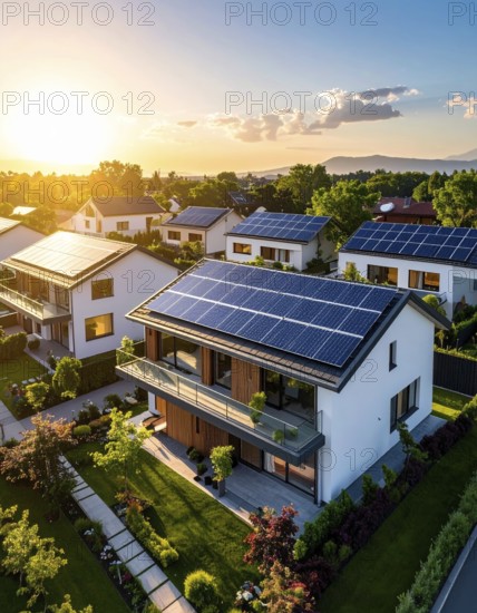 Aerial view showcases modern houses with solar panels and green roofs in a suburban setting,