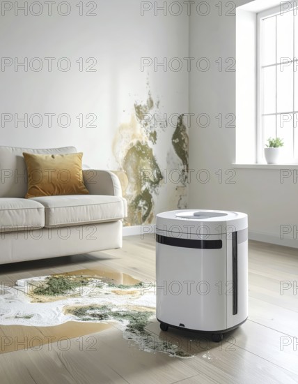 A specialized dehumidifier operates in a mold-infested room following water damage, Shell
