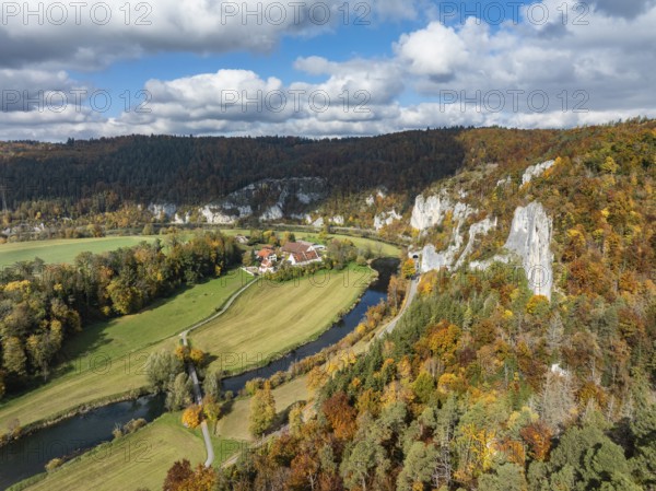 Aerial view of Käppeler Manor with St. George's Basilica near Thiergarten in the Upper Danube