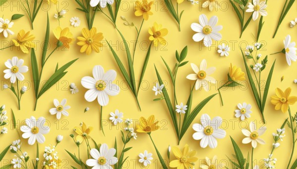 Vibrant wildflowers and grass create a colorful and joyful floral pattern, Variety of wild flowers,