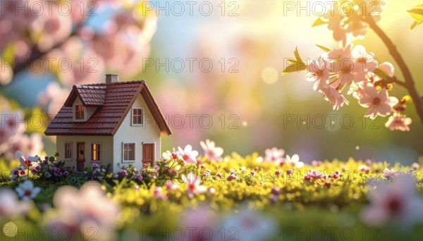 A miniature house surrounded by blooming cherry blossoms and warm sunlight, creating a peaceful and
