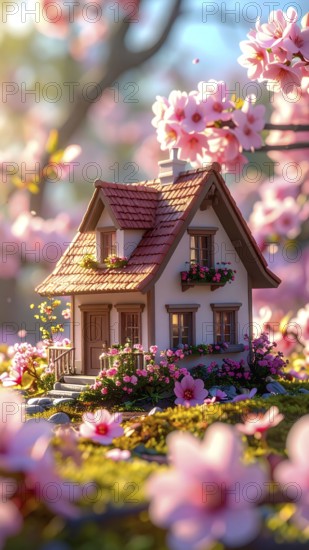 A miniature house surrounded by blooming cherry blossoms and warm sunlight, creating a peaceful and