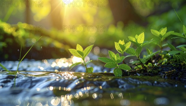 Beautiful spring detailed stream of fresh water, vibrant blooming young green plants, wallpaper