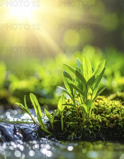 Beautiful spring detailed stream of fresh water, vibrant blooming young green plants, wallpaper