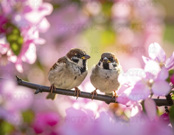 Small funny Sparrow Chicks sit in the garden surrounded by pink Apple blossoms on a Sunny may day,
