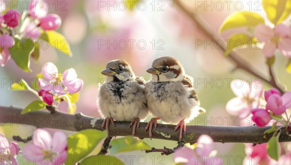 Small funny Sparrow Chicks sit in the garden surrounded by pink Apple blossoms on a Sunny may day,