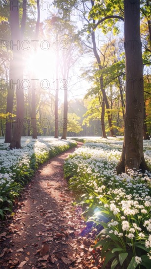 A tranquil forest path lined with white flowers, surrounded by tall trees and bathed in soft