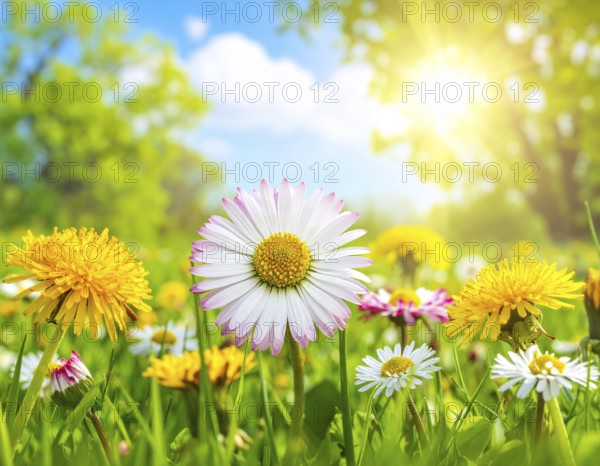 A sunny meadow with daisies in full bloom under bright sunlight, creating a vibrant and cheerful