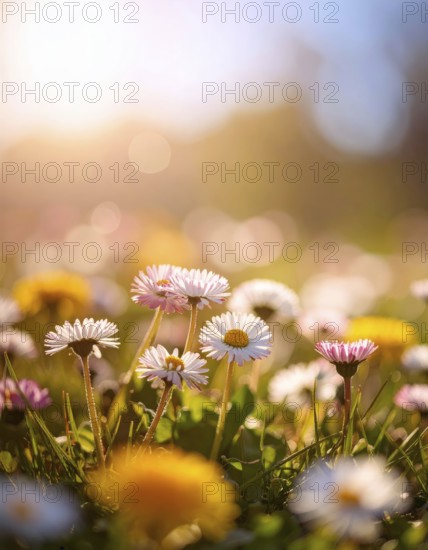 A sunny meadow with daisies in full bloom under bright sunlight, creating a vibrant and cheerful