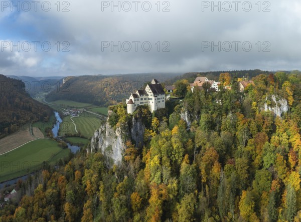 Aerial view of Werenwag Castle and former Werenwag Castle on a rocky spur in the Upper Danube