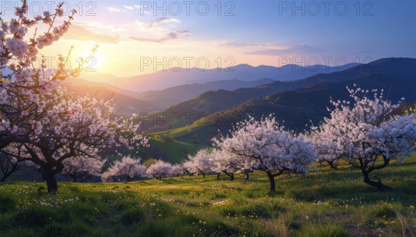 Landscape with a blooming apricot tree, idilyc spring nature, green grass and mountains in