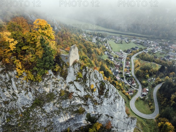Aerial view of the viewpoint, shovels and Hausen Castle, also known as the Hausen ruins, surrounded