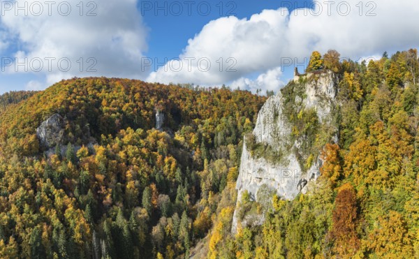 Aerial view of the viewpoint, shovels and Hausen Castle, also known as the Hausen ruins, surrounded