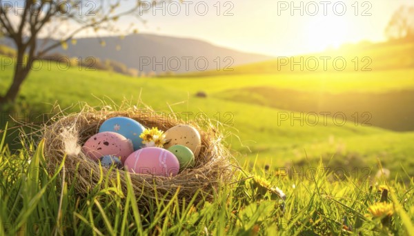 Nest with easter eggs in a basket on grass, sunny spring day, fresh beautiful landscape at