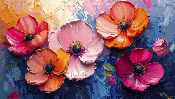 Closeup of abstract rough colorful multicolored organic floral spring flowers art painting texture,