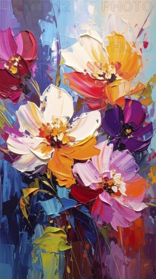 Closeup of abstract rough colorful multicolored organic floral spring flowers art painting texture,