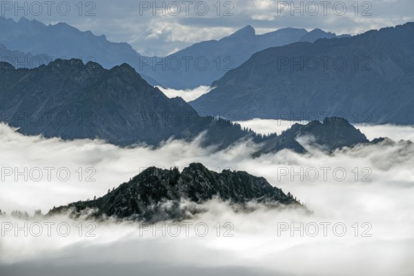 View from the Nebelhorn summit to mountains of the Allgäu Alps, mountains rising from fog in the