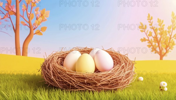 Nest with easter eggs in grass on a sunny spring day, Easter wallpaper decoration drawing, banner,
