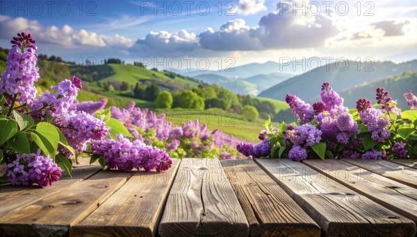 Beautiful Spring Lilacs Bloom Over Wooden Table with Rolling Hills in Background, sunrise at