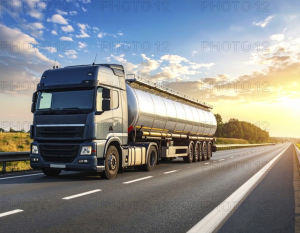 Petrol cargo truck lorry tanker driving on highway hauling oil products at sunrise, wide hilly