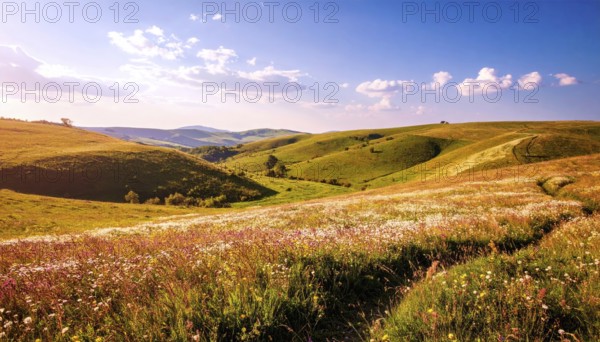 Fresh summer hilly Landscape with blooming Meadow, green plants, Blue Sky with cloudy sky, serene