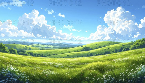 Fresh summer hilly Landscape with blooming Meadow, green plants, Blue Sky with cloudy sky, serene