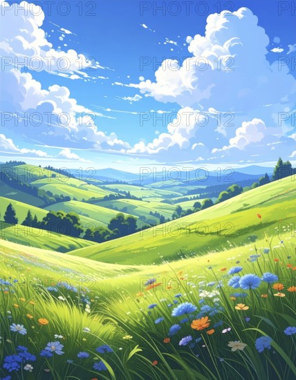 Fresh summer hilly Landscape with blooming Meadow, green plants, Blue Sky with cloudy sky, serene