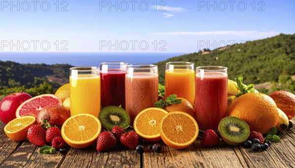 Fresh fruit juices in glasses, surrounded by colorful fruits, showcasing healthy drinking and